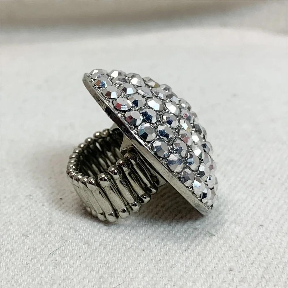 Silver XL Statement Rhinestone cluster domed stretch cocktail ring
